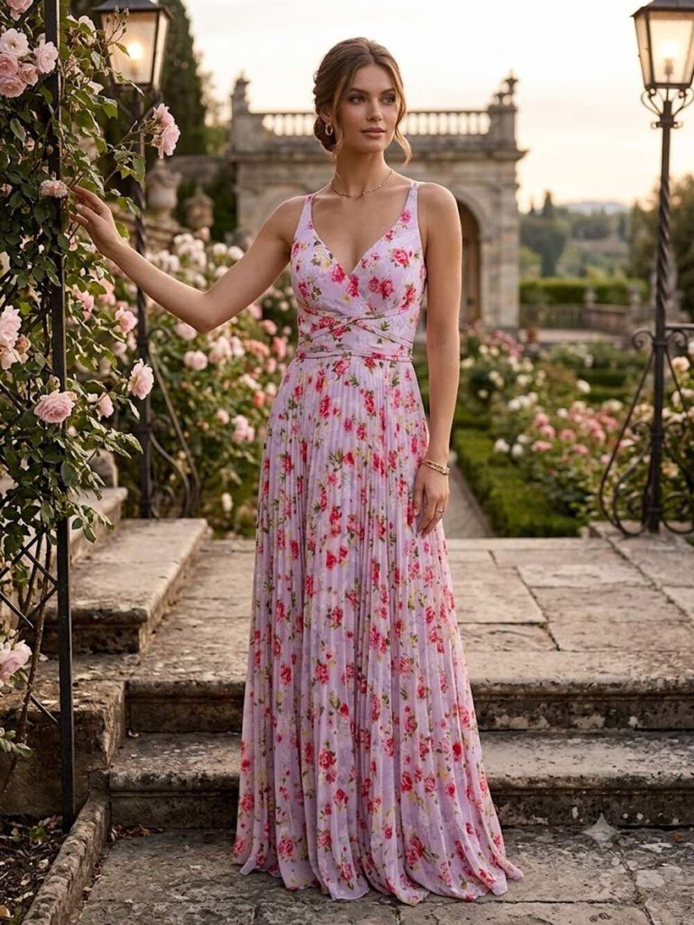 Laundry by Shelli Segal Lilac Rose Floral Pleated Maxi Gown, Size 6